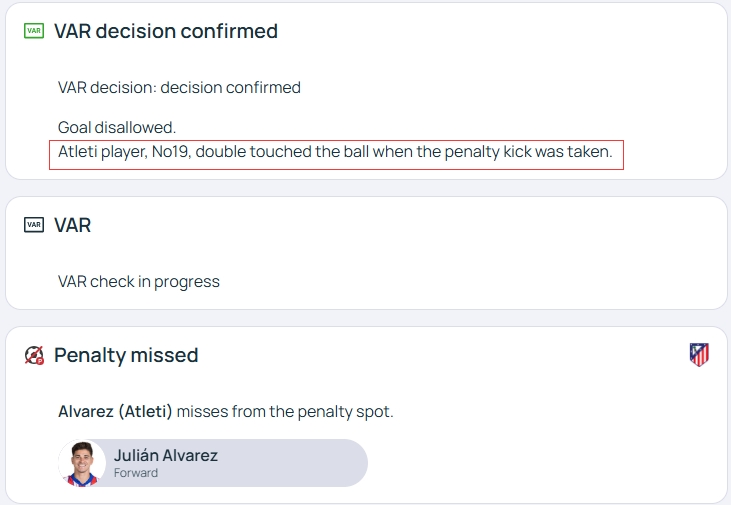 官方明確！歐冠官網(wǎng)：阿爾瓦雷斯罰點(diǎn)時(shí)2次觸球，VAR決定進(jìn)球無效