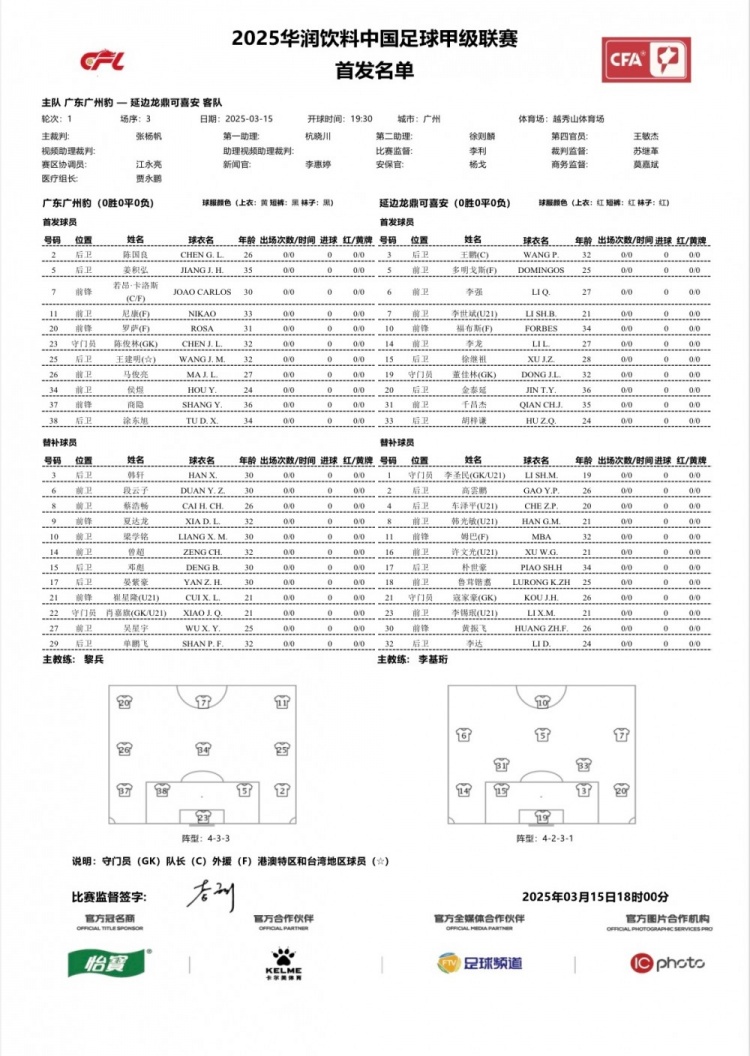 廣州豹vs延邊龍鼎首發(fā)：卡洛斯、羅薩、尼康三外援領(lǐng)銜廣州豹